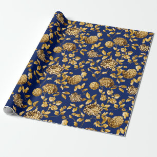 Gold auf Marine-Blau modernes Vintages BlumenToile Geschenkpapier