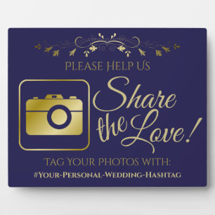 Gold auf Navy Blue Wedding Foto Hashtag Sign Fotoplatte
