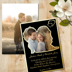 Gold auf Schwarz-Braut und Groom Form Foto Hochzei Folieneinladung