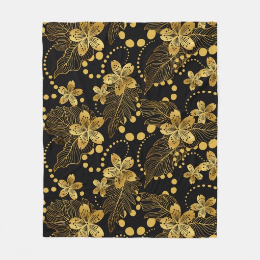 Gold auf tropischen schwarzen Blume und Blätter Fleecedecke (Vorderseite)