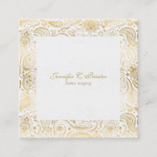 Gold auf weißem floralem Paisley-Muster Quadratische Visitenkarte