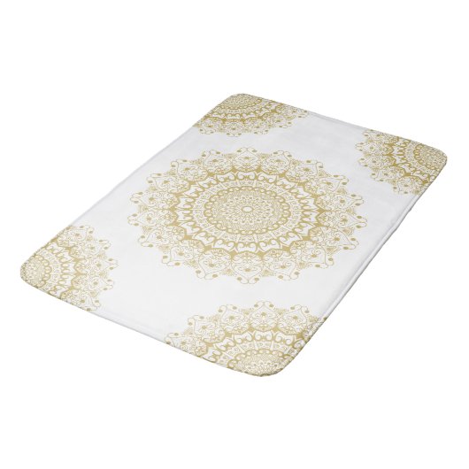 Gold auf weißem, verziertem Mandelmuster Badematte (Schrägansicht)