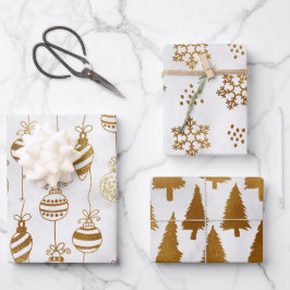 Gold auf weißen Weihnachtsbaumen. Bauern, Schneefl Geschenkpapier Set