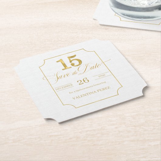 Gold auf White Quinceanera Englisch Save the Date Untersetzer (angewinkelt)