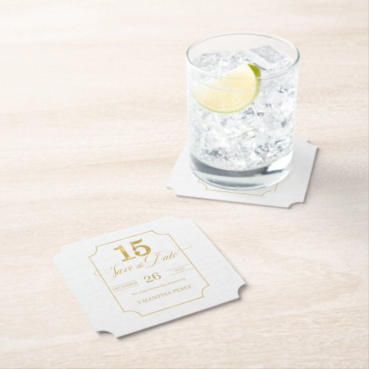 Gold auf White Quinceanera Englisch Save the Date Untersetzer (Vor Ort)