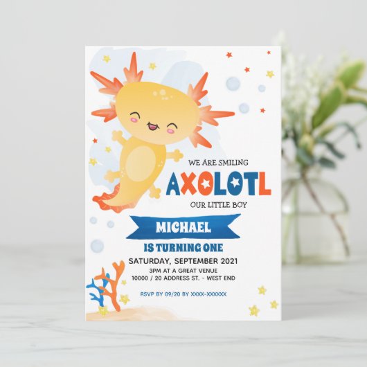 Gold Axolotl Boy Birthday Einladung (Stehend Vorderseite)