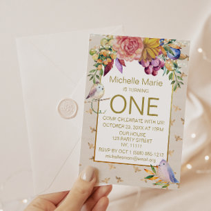 Gold Baby Birds Humble Bienen Erster Geburtstag Einladung