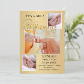 Gold Baby Birth Fotos Ankündigungskarte Ankündigung (Stehend Vorderseite)