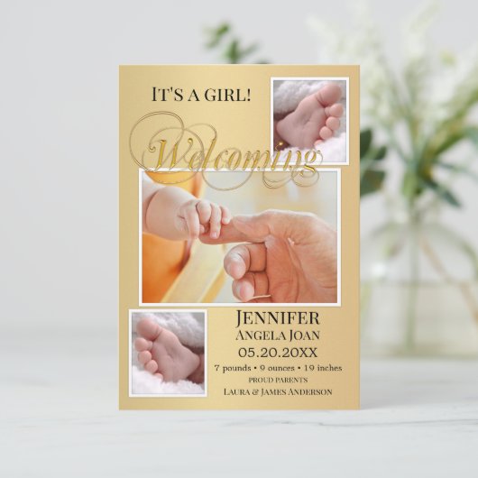 Gold Baby Birth Fotos Ankündigungskarte Dankeskarte (Stehend Vorderseite)