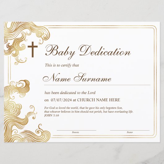 Gold Baby Dedication Certificate, Taufen (Vorderseite)