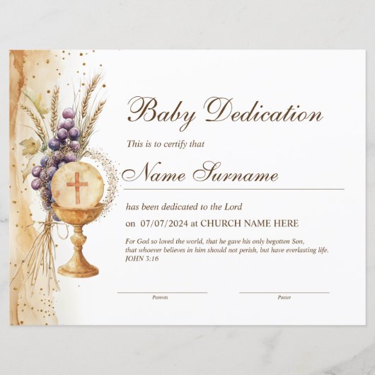 Gold Baby Dedication Certificate, Taufen (Vorderseite)