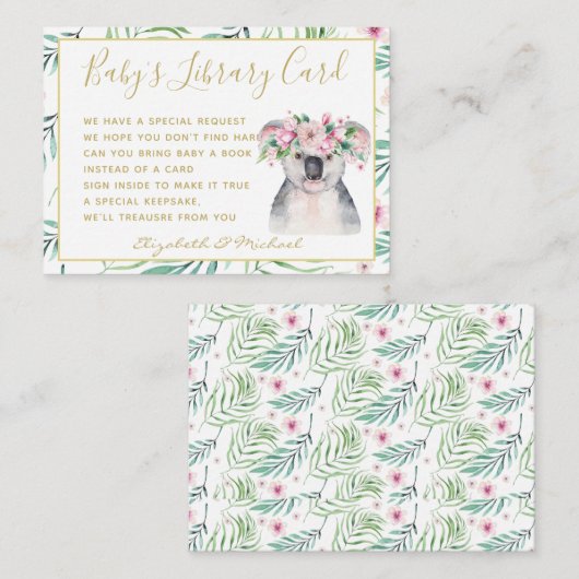 Gold Baby Library Book Request Koala Bear Floral Begleitkarte (Vorne/Hinten)