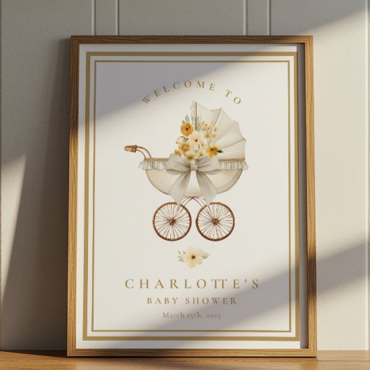 Gold Baby Shower Welcome Poster | Vintage Pram