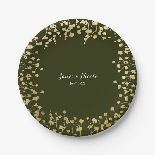 Gold Baby's Breath Floral Rustic Olivgrün Pappteller (Vorderseite)