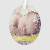 Gold Baby's First Christmas Snowflakes Foto Ornament (Vorderseite)
