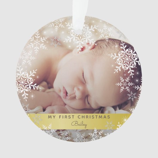 Gold Baby's First Christmas Snowflakes Foto Ornament (Vorderseite)