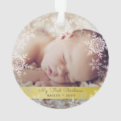Gold Baby's First Christmas Snowflakes Foto Ornament (Rückseite)
