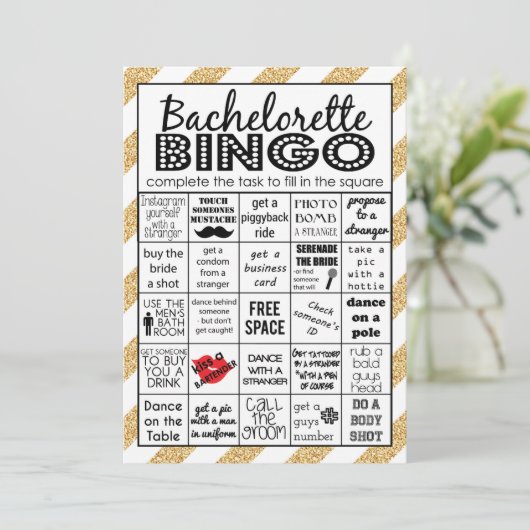 Gold Bachelorette Bingo, Party Game, Challenge Einladung (Stehend Vorderseite)