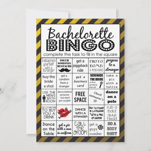Gold Bachelorette Bingo, Party Game, Challenge Einladung (Vorderseite)