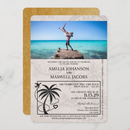 Gold Bahamas Passport Hochzeitseinladung Einladung (Vorne/Hinten)