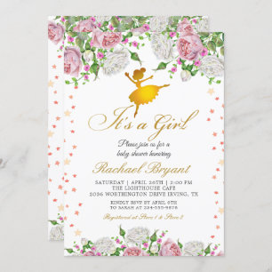 Gold Ballerina Die Girl Floral Baby Dusche Einladung