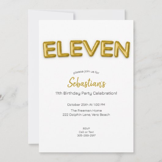 Gold Ballon Elfte Geburtstag Foto Einladung (Vorderseite)