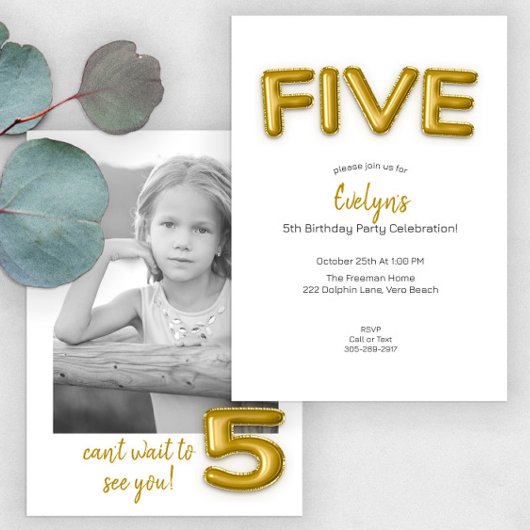 Gold Ballon Fünfte Geburtstags Foto Einladung