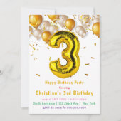 Gold Ballons 3. Geburtstagseinladungen (Vorderseite)