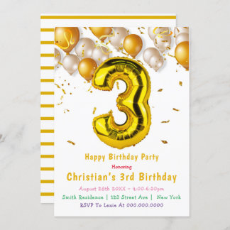 Gold Ballons 3. Geburtstagseinladungen