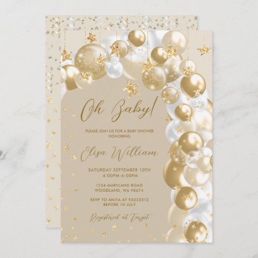 Gold Balloon Arch Baby Dusche Einladung (Vorne/Hinten)