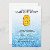 Gold Balloon Blue Glitzer 8. Geburtstagsparty Einladung (Vorne/Hinten)