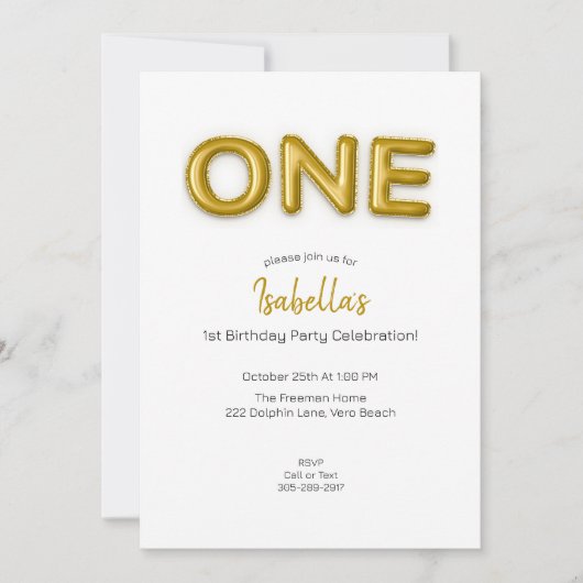 Gold Balloon First Birthday Foto Party Einladung (Vorderseite)