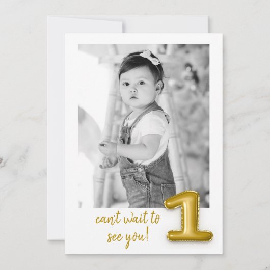 Gold Balloon First Birthday Foto Party Einladung (Rückseite)