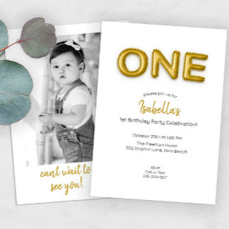 Gold Balloon First Birthday Foto Party Einladung