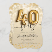 Gold Balloon Glitzer 40. Geburtstag Party Einladun Einladung (Vorne/Hinten)