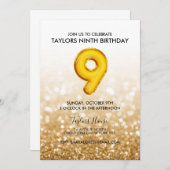 Gold Balloon Glitzer 9. Geburtstagsparty Einladung (Vorne/Hinten)