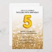 Gold Balloon Gold Glitzer 5. Geburtstagsparty Einladung (Vorne/Hinten)