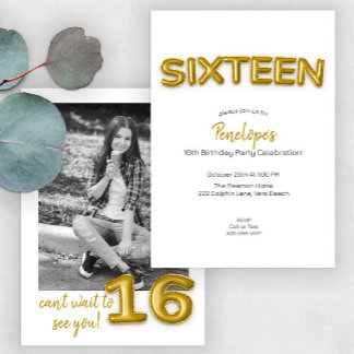 Gold Balloon Sweet 16 Birthday Foto Einladung