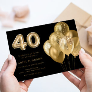Gold Balloons Black 40. Geburtstag Party Einladung