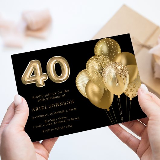 Gold Balloons Black 40. Geburtstag Party Einladung