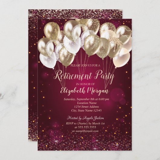 Gold Balloons Dots Red Rtirement Einladung (Vorne/Hinten)