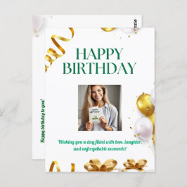 Gold Balloons Geburtstagskarte mit Geschenken und Postkarte