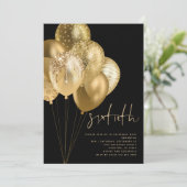 Gold Balloons Glitzer Black 60. Geburtstagsparty Einladung (Stehend Vorderseite)