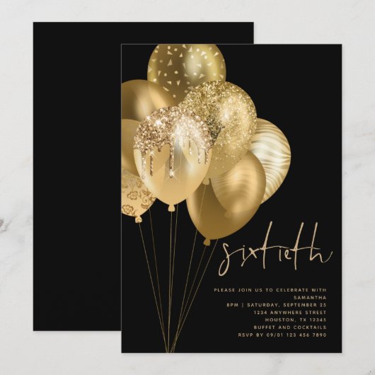 Gold Balloons Glitzer Black 60. Geburtstagsparty Einladung (Vorne/Hinten)