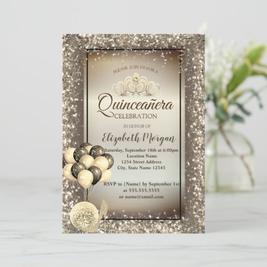 Gold, Balloons, Heels, Tiara Brown Quinceañera Einladung (Stehend Vorderseite)
