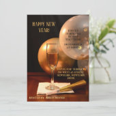 Gold Balloons New Year Champagne Flute Einladung (Stehend Vorderseite)