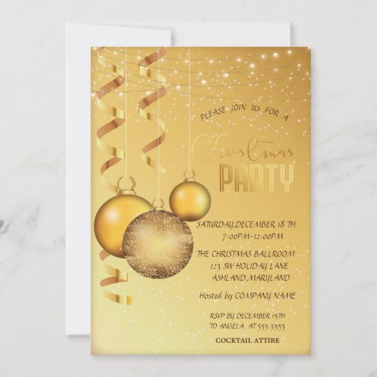 Gold Balls, String Lights Company Christmas Party Einladung (Vorderseite)
