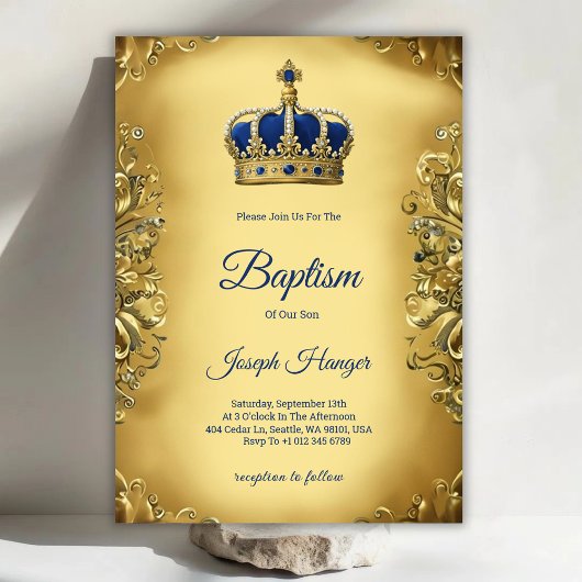 Gold baptism invitation with an ornate invitation einladung