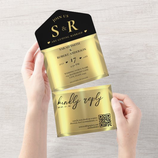 Gold Bar Elegante Wedding All In One Einladung (Abreißen)