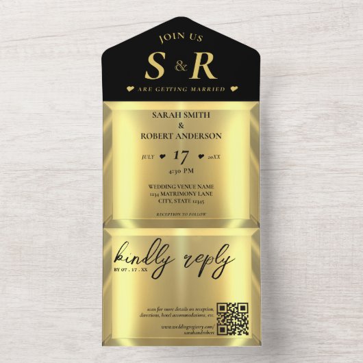 Gold Bar Elegante Wedding All In One Einladung (Innen Boden)
